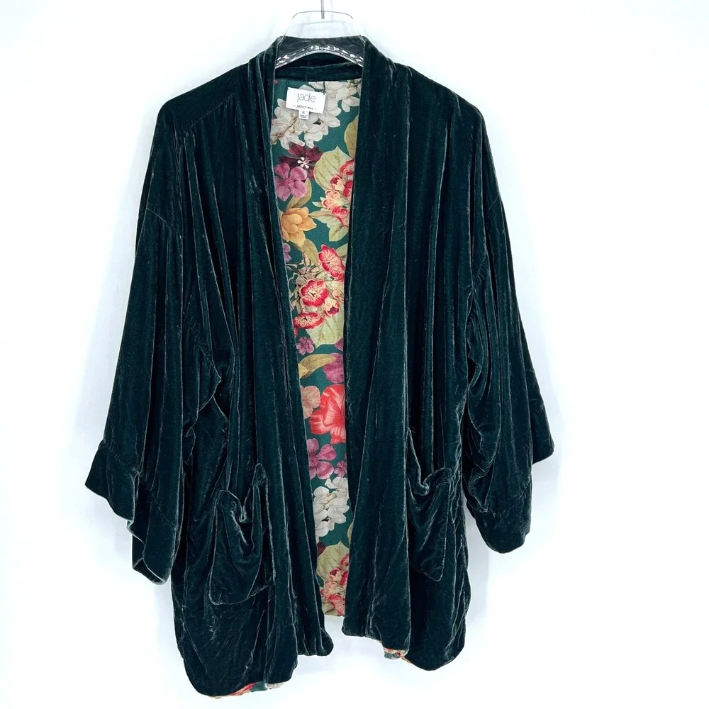 Johnny Was Jade Cardigan Womens‎ XL Reversible Velvet Silk Floral Green Kimono